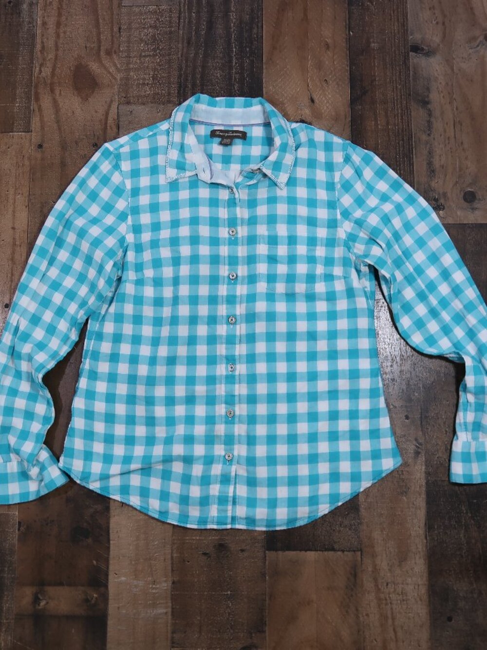 Tommy Bahama Womans Medium Teal Gingham Check Lined Button Up Beaded Collar
